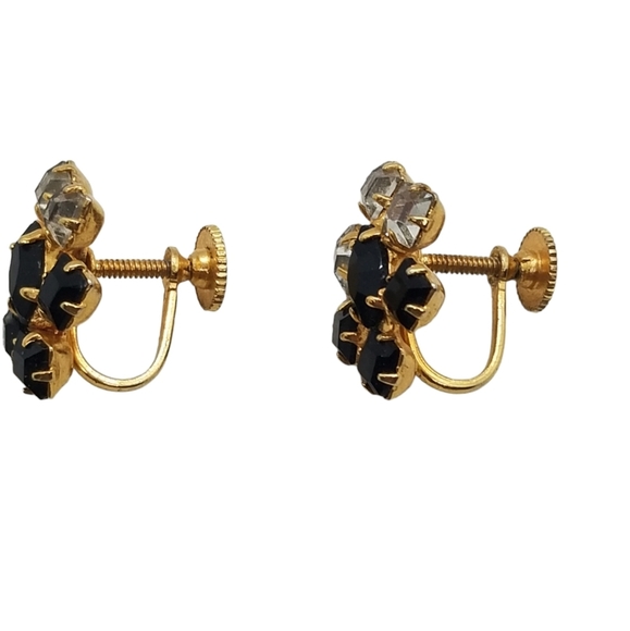 1950s GOLDTONE SCREW BACK EARRINGS WITH BLACK & WHITE FACETED AUSTRIAN CRYSTAL - Picture 4 of 5